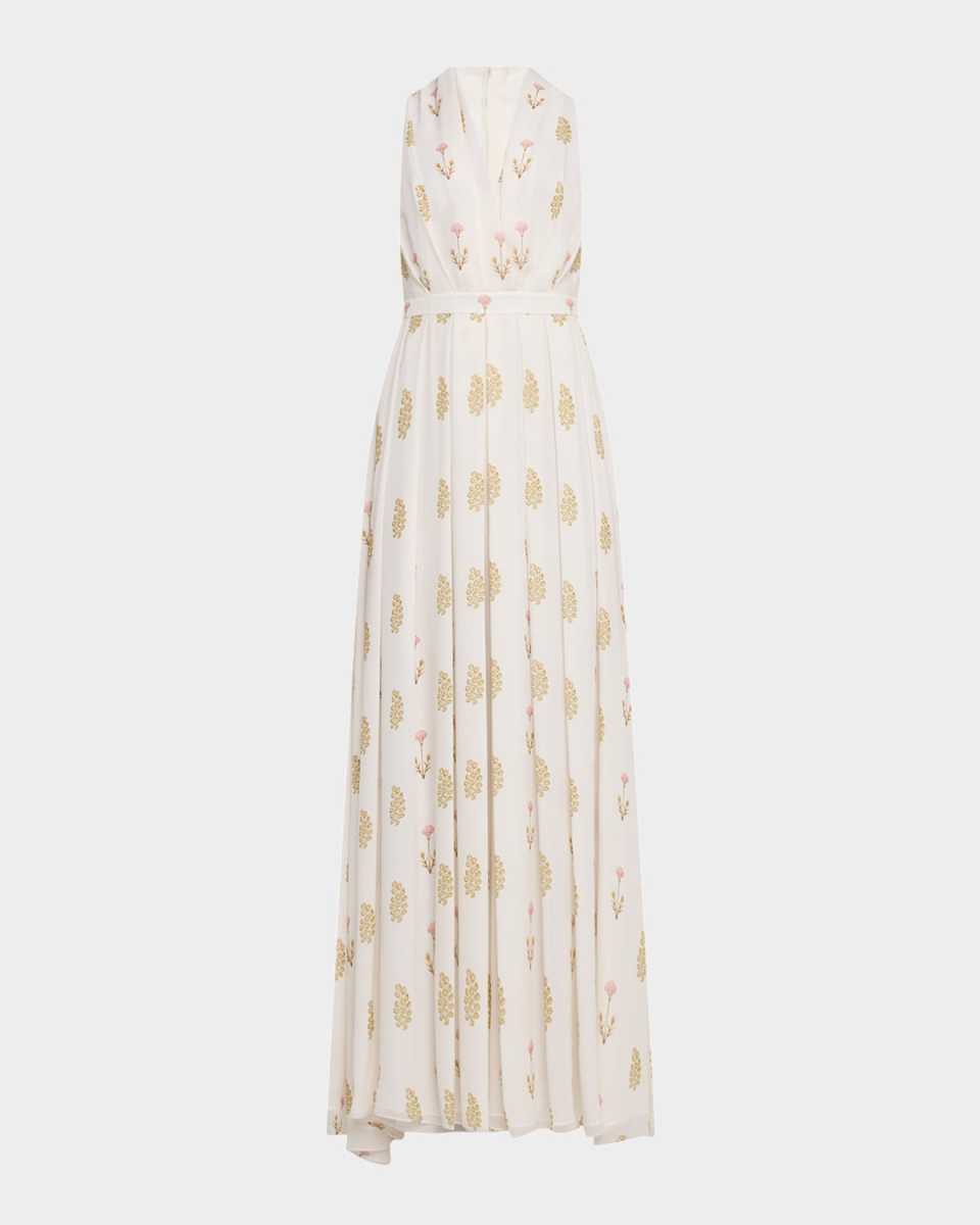 Flower-Print Pleated Silk Sleeveless Midi Dress
